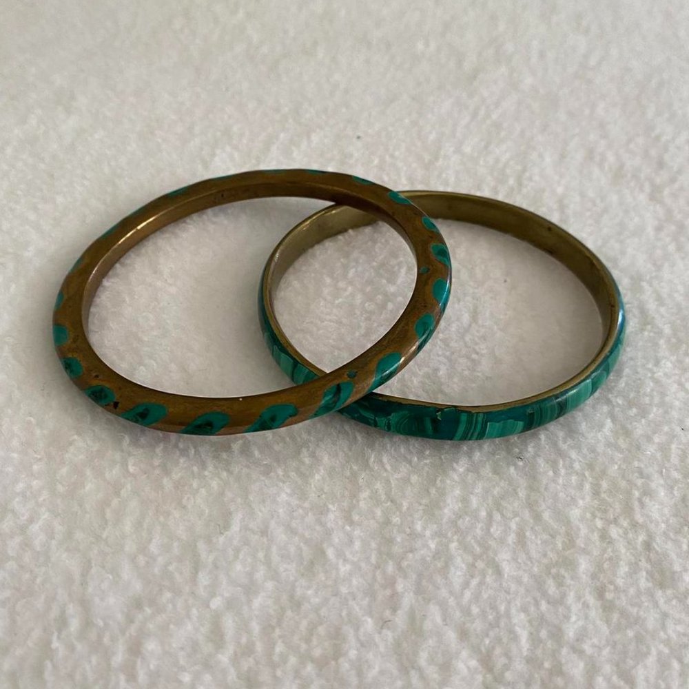 Malachite and gold metal bracelet and bangle set of 2 bought in Egypt, handmade